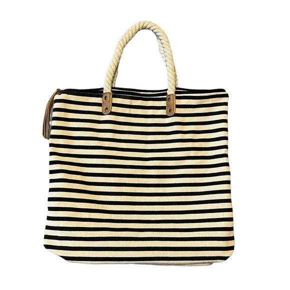 Summer & Rose Striped Canvas Tote Bag With Rope Handles. Cream & Black #1372 - Picture 1 of 7
